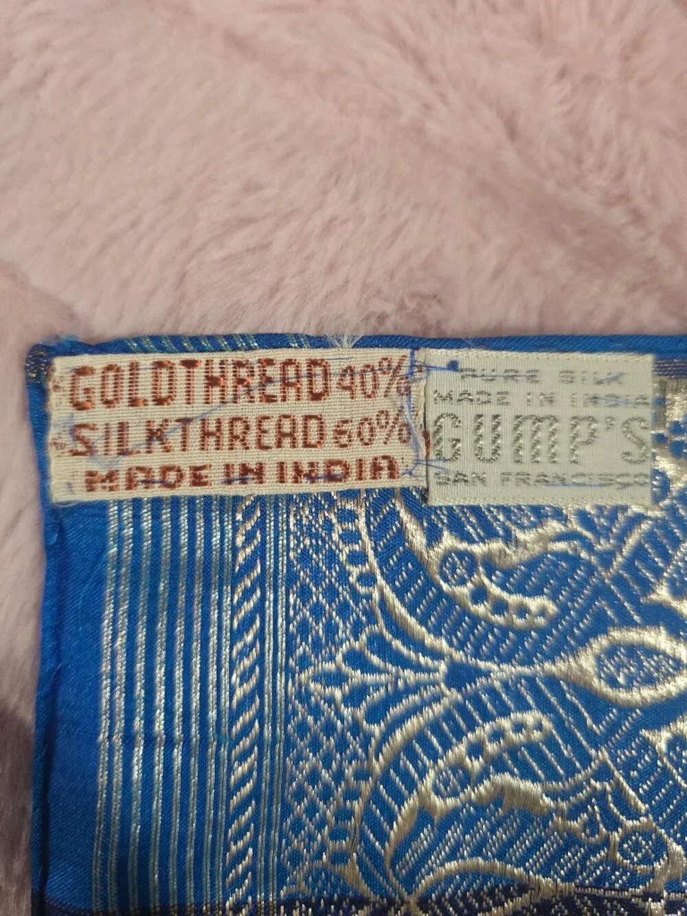 Vintage Gump's San Francisco Blue Silk Gold Thread Indian Wrap Scarf